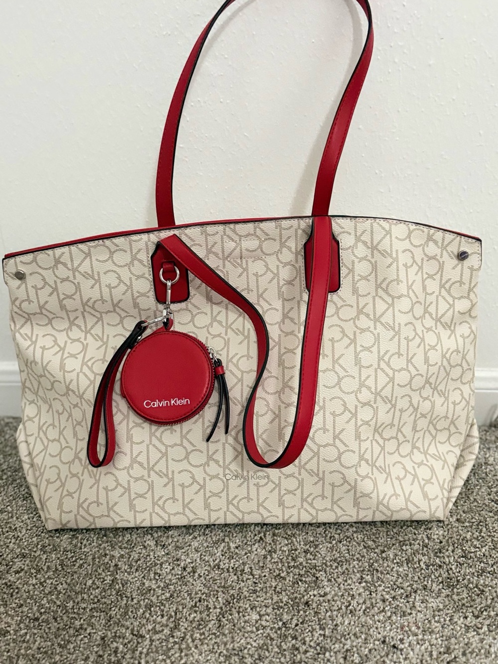 Calvin Klein Cream Monogram Tote with Red Trim and Pouch